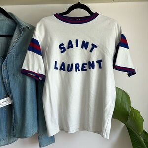 SAINT LAURENT 
Logo-Appliqué Cotton-Blend Jersey T-Shirt - White Multi